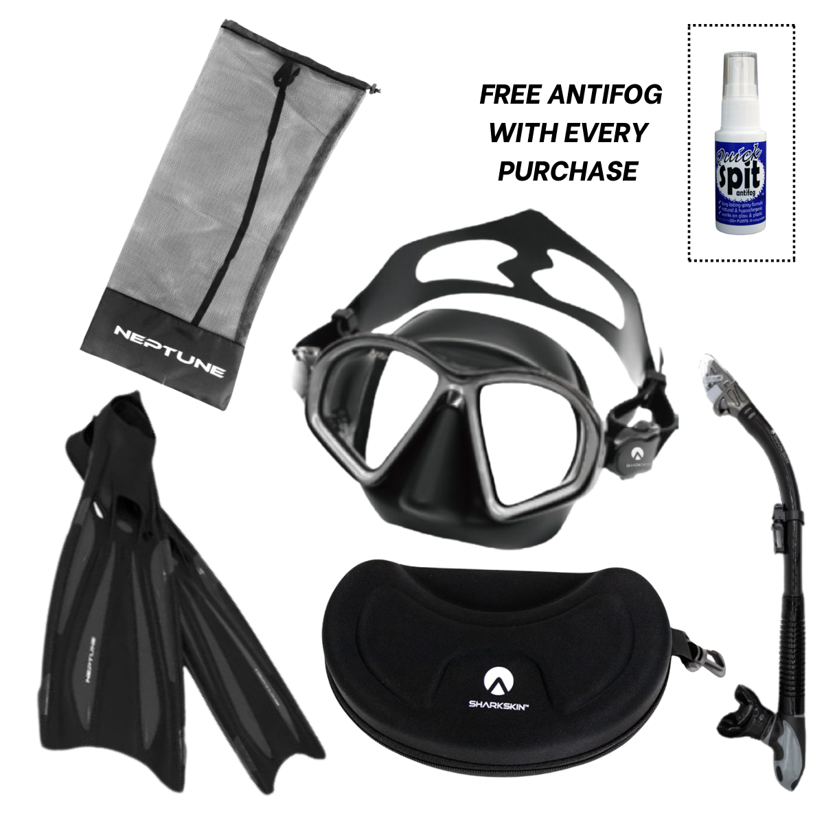 Sharkskin Ultimate SeaClear Mask, EasyClear Dry Snorkel Fin Package + Free Anti-fog