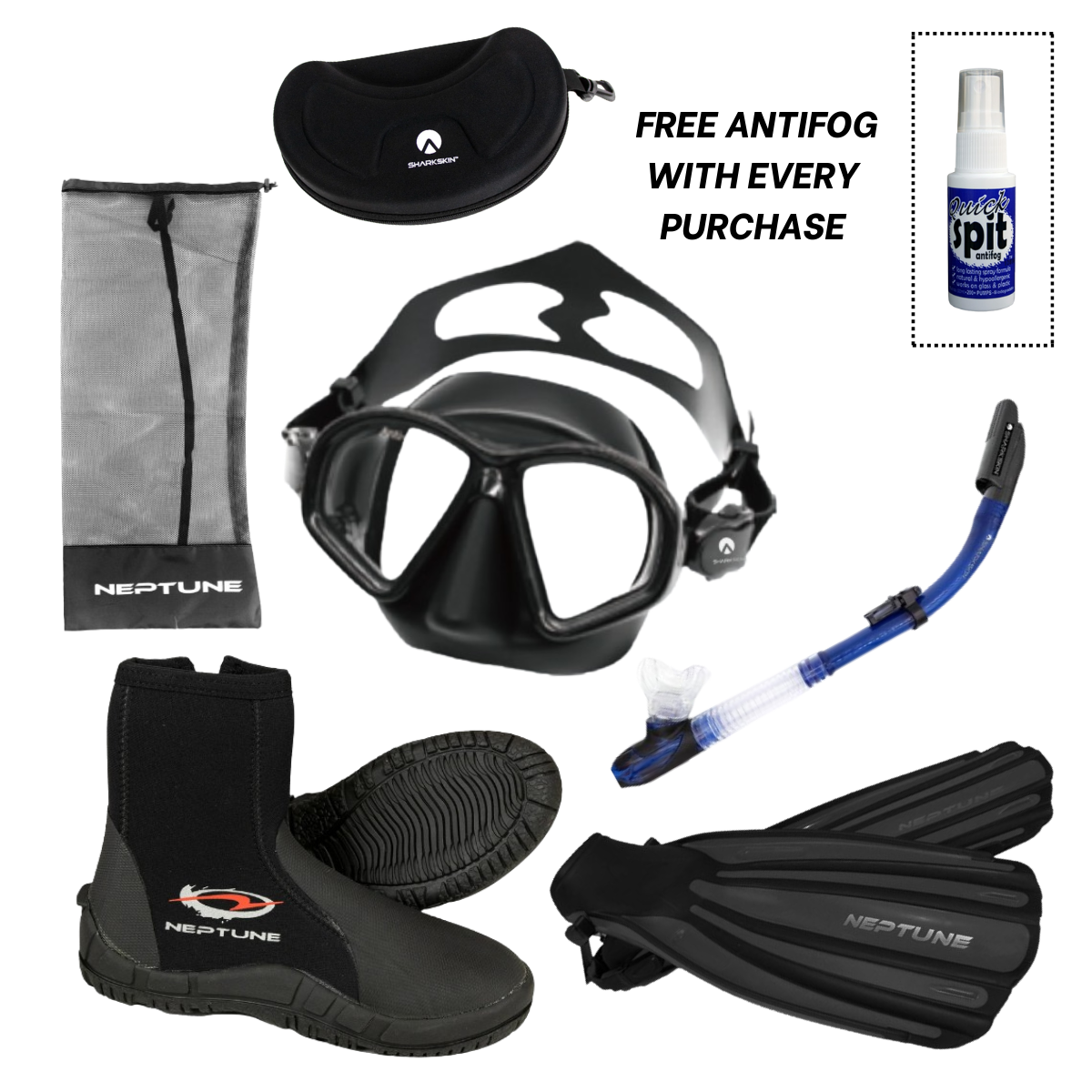 Sharkskin Accelerate Extreme SeaClear Mask, EasyClear Splash Guard Snorkel Neptune Explorer Dive Boots, F4 Accelerate Fin Package + Free Anti-fog