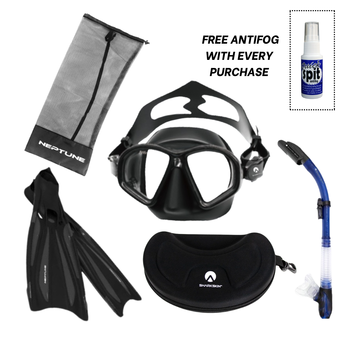Sharkskin Extreme SeaClear Mask, EasyClear Splash Snorkel Fin Package + Free Anti-fog
