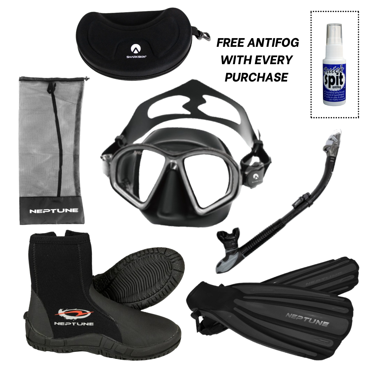 Sharkskin Accelerate Ultimate SeaClear Mask, EasyClear Dry Snorkel Neptune Explorer Dive Boots, F4 Accelerate Fin Package + Free Anti-fog