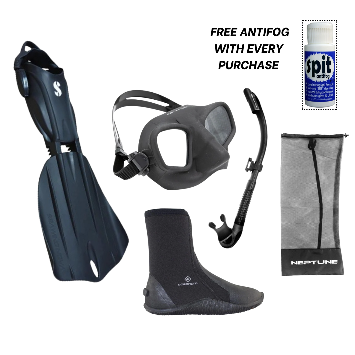 Blitz Mask, Neptune Aruna Easyclear Snorkel With Splash Guard, Seawing Nova Fins, Boots & Bag With Free Anti-fog