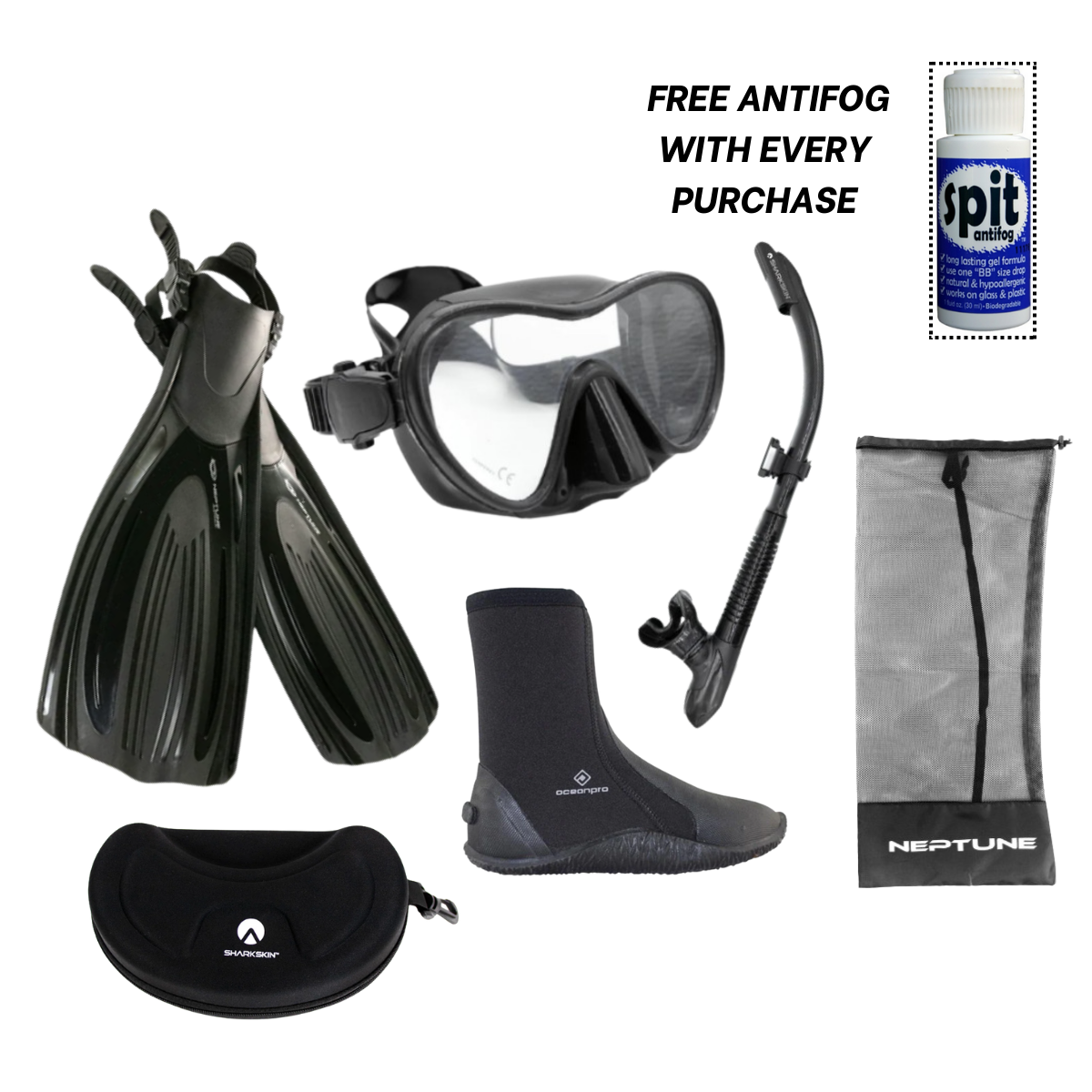 Blitz Open Heel Fin, Softseal Mask, Aruna Snorkel, Boots & Bag + Free Antifog