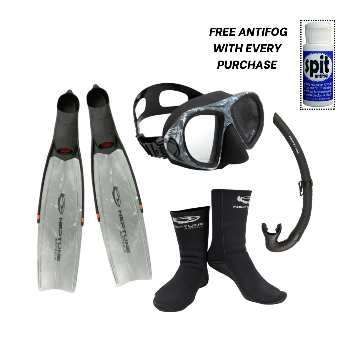 Catapult Fins With Covert Mask, Snorkel & 3mm Socks + Free Antifog