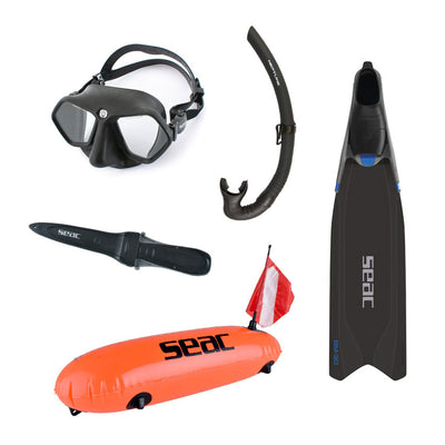Seac Free Diving Mask, Snorkel, Fins, Float, Flag and Knife