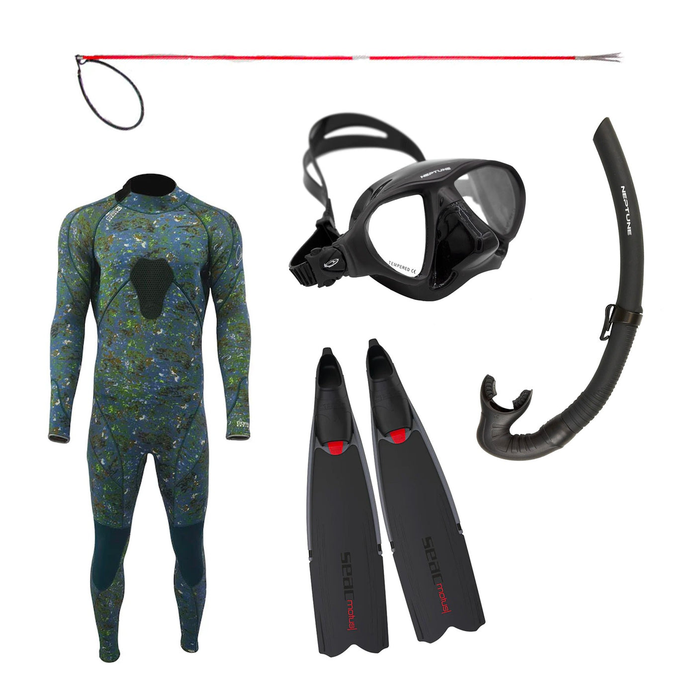 Bargain Hunter Package Neptune Handspear, Mask, Snorkel, Fin Set with Camo Steamer